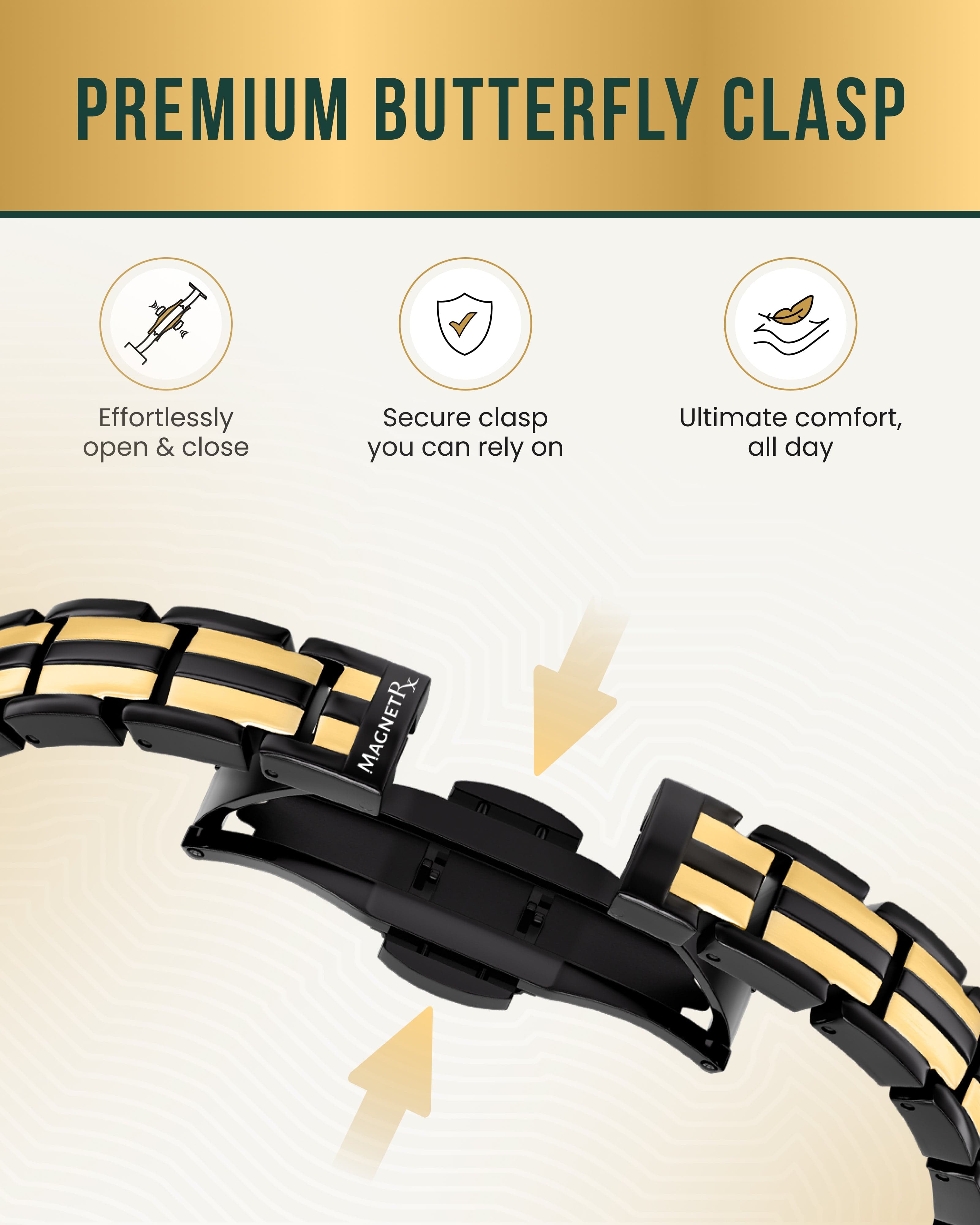 MagnetRX EllipseMAX Magnetic Bracelet for Women (Black & Gold) — MagnetRX branding close-up