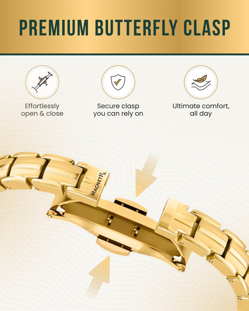 MagnetRX EllipseMAX Magnetic Bracelet for Women (Gold) — MagnetRX branding close-up