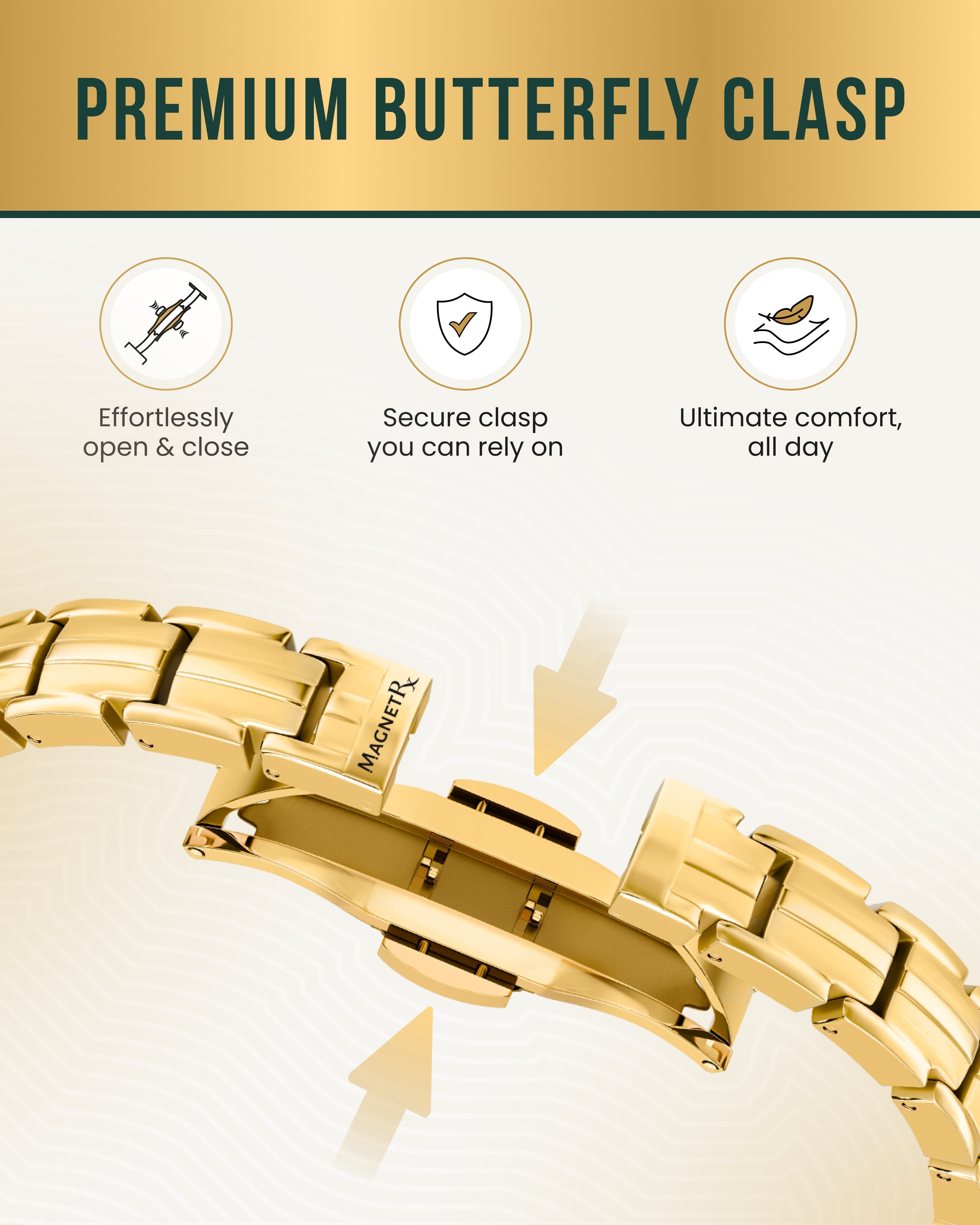 MagnetRX EllipseMAX Magnetic Bracelet for Women (Gold) — MagnetRX branding close-up