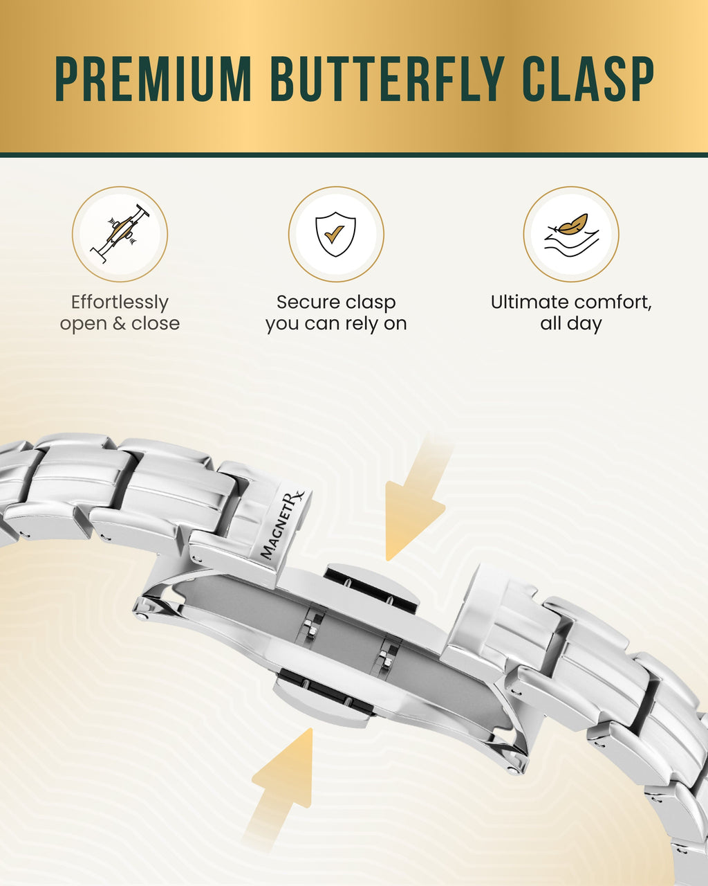 MagnetRX EllipseMAX Magnetic Bracelet for Women (Silver) — MagnetRX branding close-up