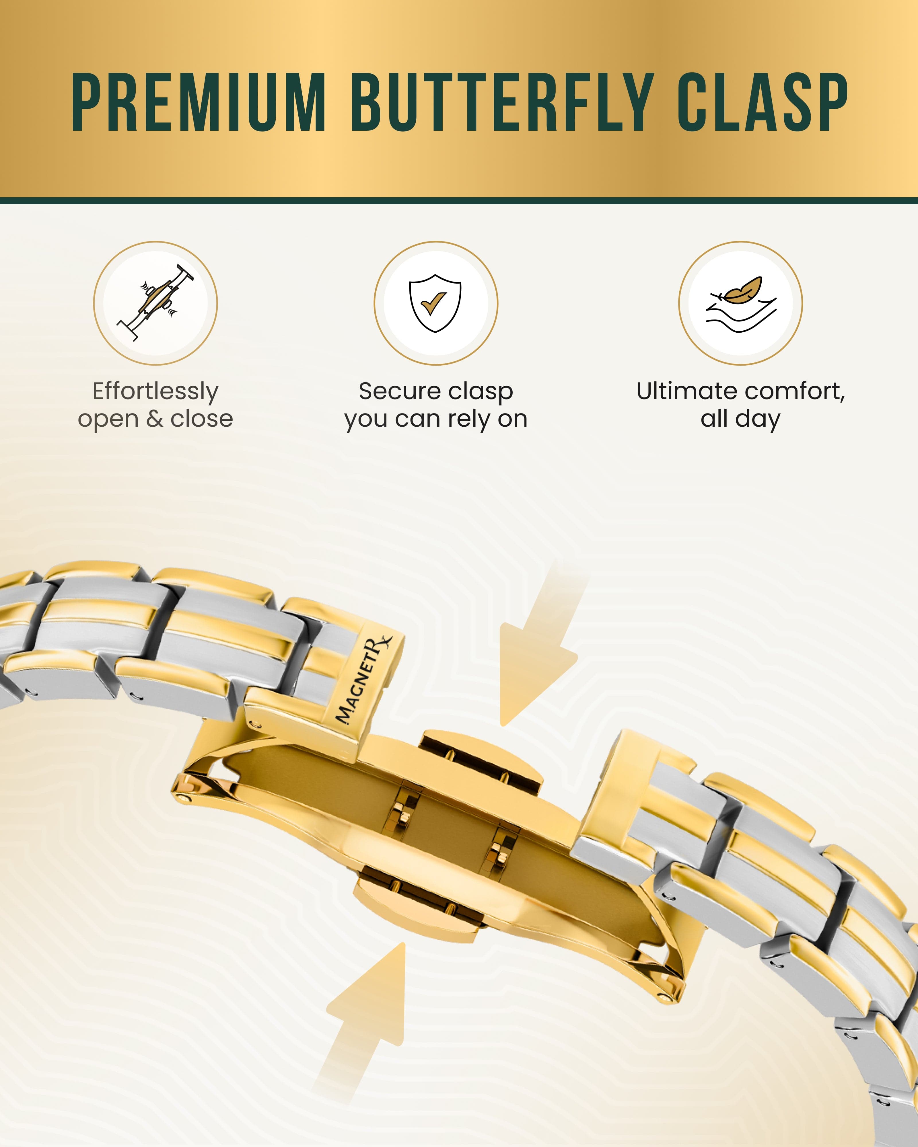 MagnetRX EllipseMAX Magnetic Bracelet for Women (Silver & Gold) — MagnetRX branding close-up