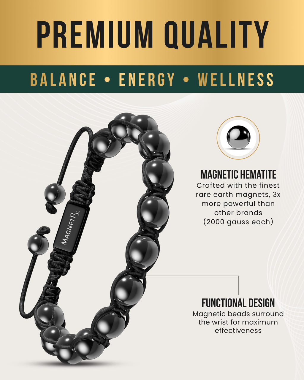 MagnetRX High Power Magnetic Hematite Bracelet Bali Style — MagnetRX branding close-up