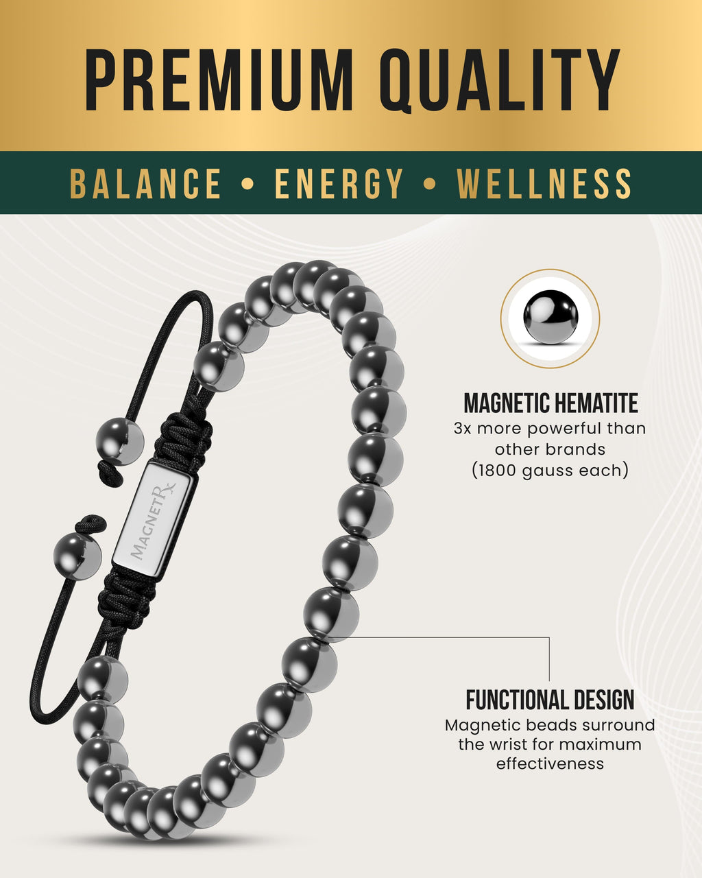 MagnetRX High Power Magnetic Hematite Bracelet Classic 6mm Bead — MagnetRX branding close-up