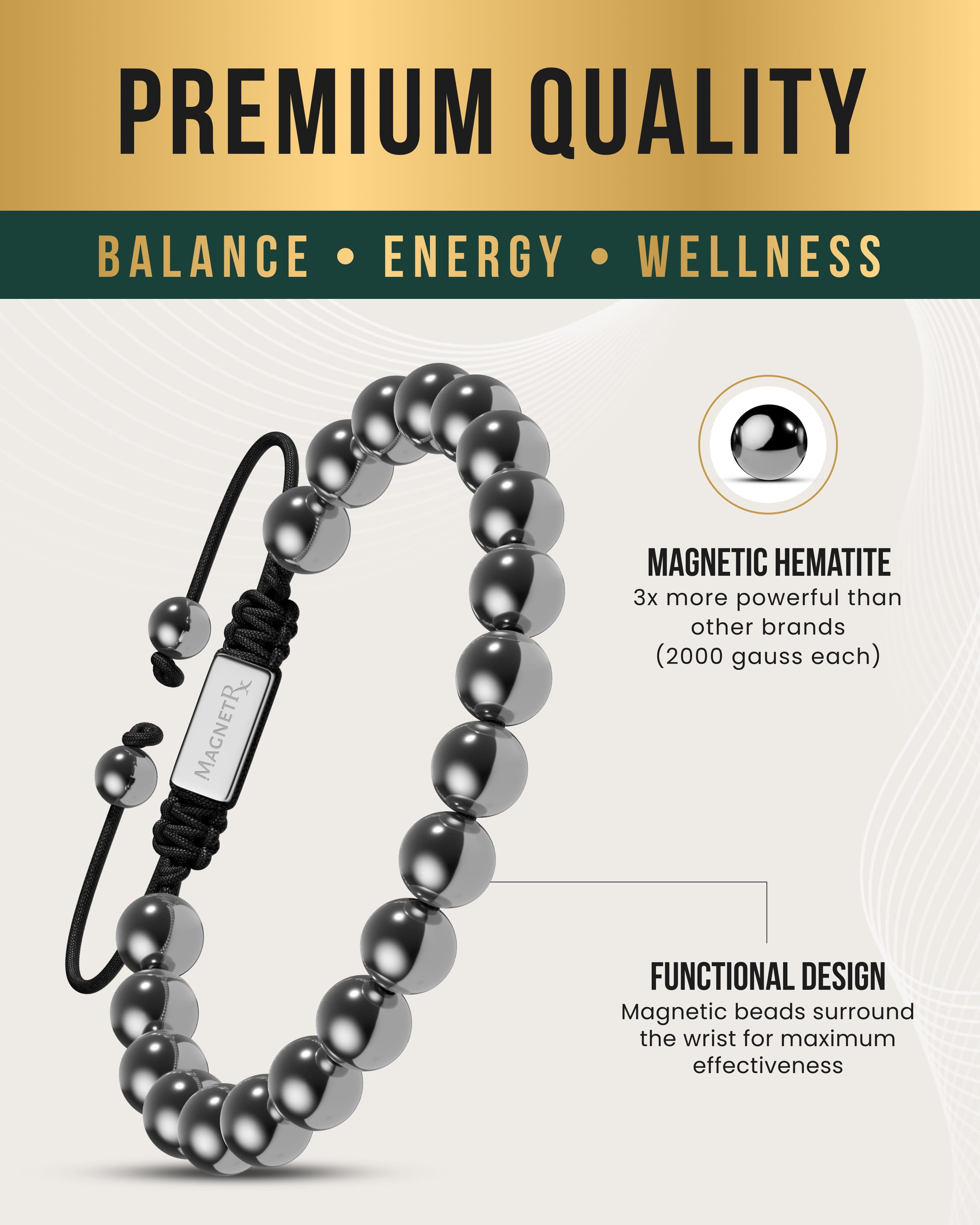MagnetRX High Power Magnetic Hematite Bracelet Classic 8mm Bead — MagnetRX branding close-up