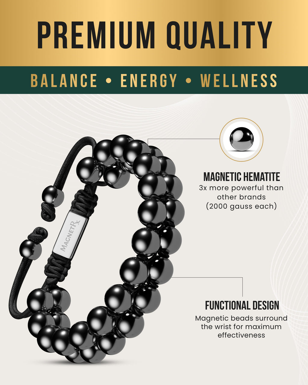 MagnetRX High Power Magnetic Hematite Bracelet Double Row — MagnetRX branding close-up
