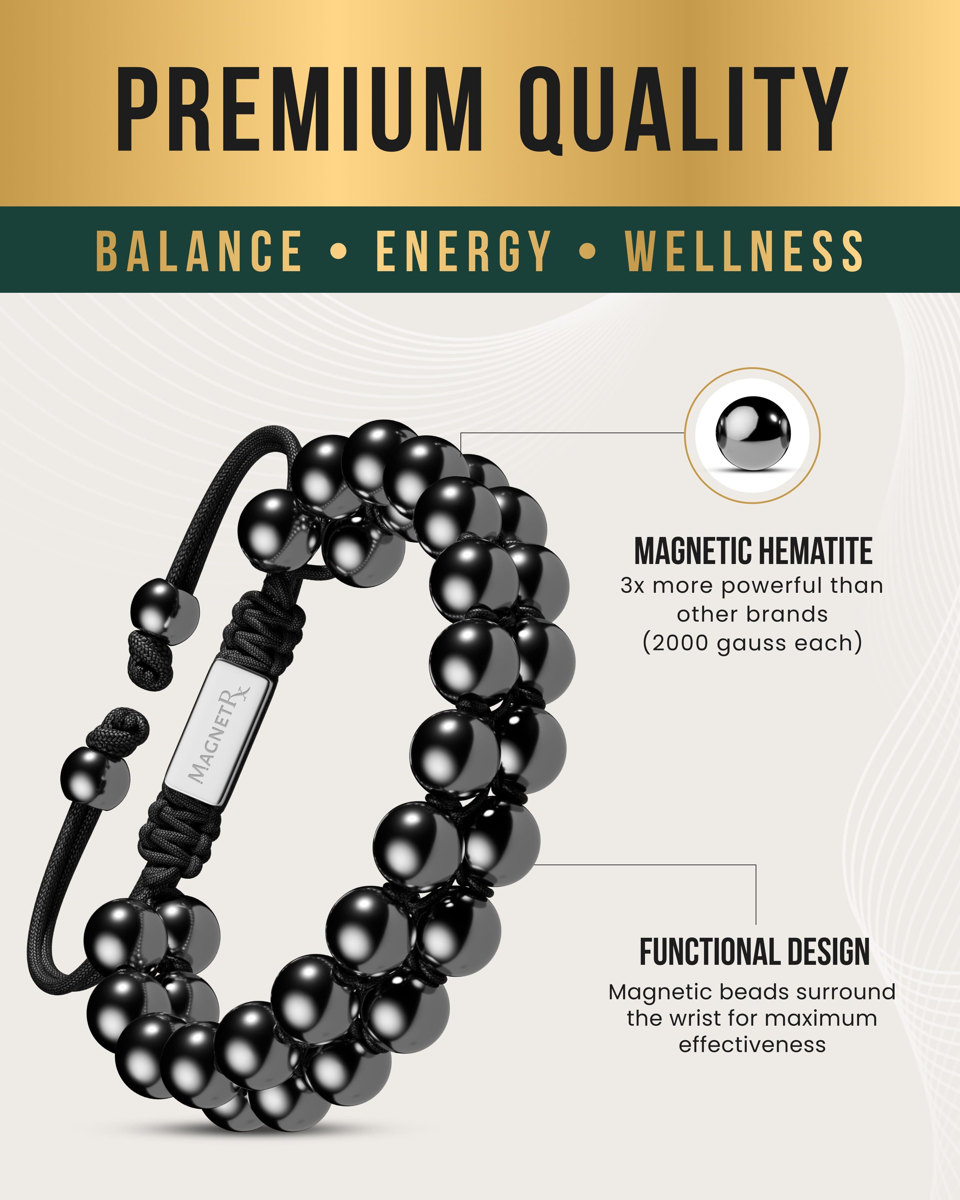 MagnetRX High Power Magnetic Hematite Bracelet Double Row — MagnetRX branding close-up