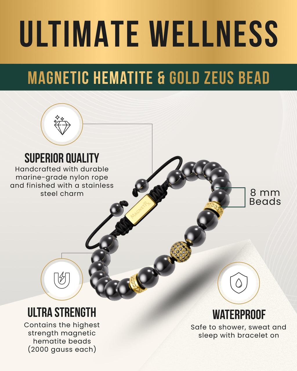 MagnetRX High Power Magnetic Hematite Bracelet Gold Zeus — bracelet category context