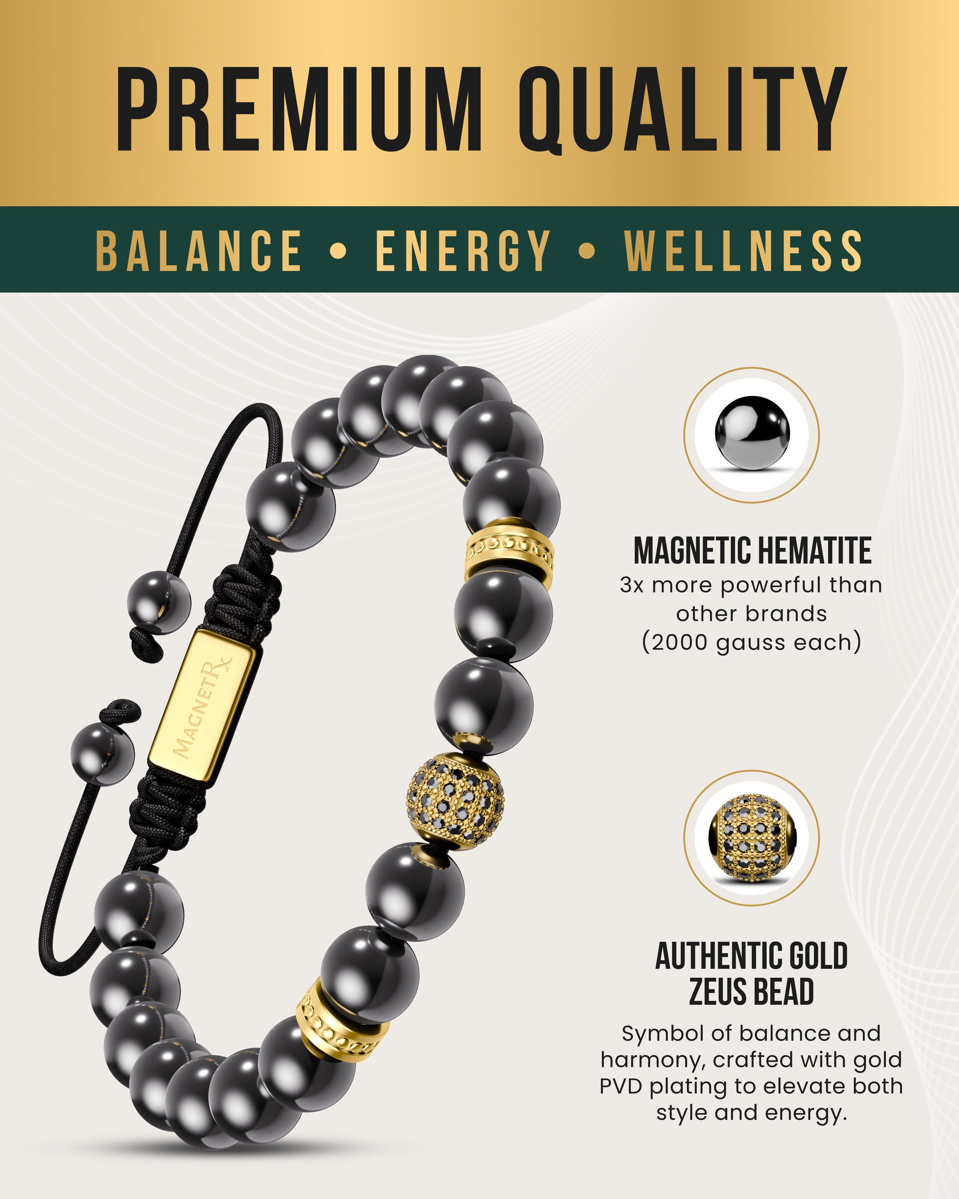 MagnetRX High Power Magnetic Hematite Bracelet Gold Zeus — MagnetRX branding close-up