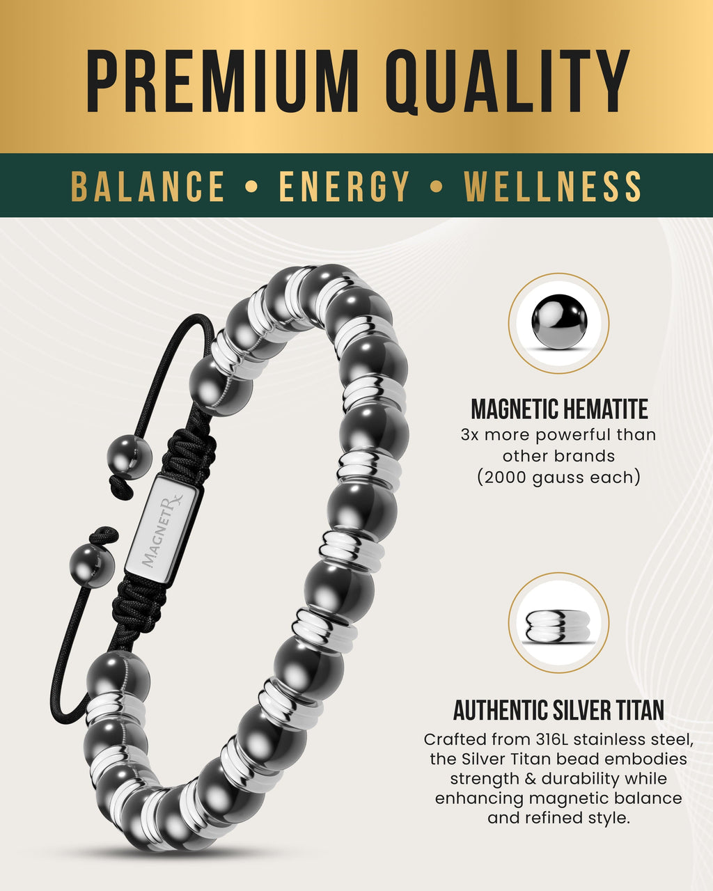 MagnetRX High Power Magnetic Hematite Bracelet Silver Titan — MagnetRX branding close-up