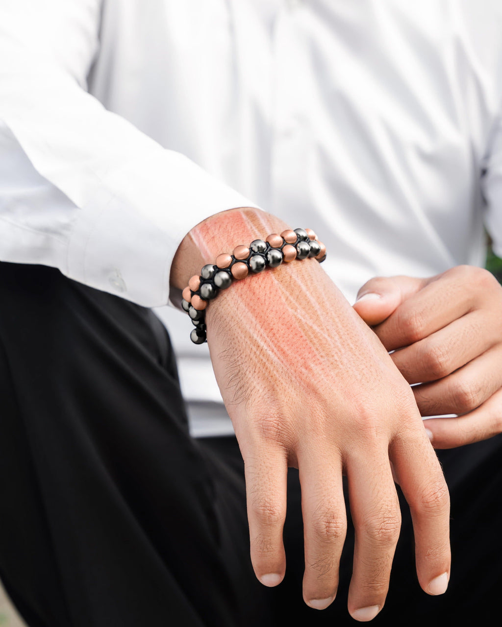 MagnetRX MAX Strength Magnetic Hematite & Copper Bracelet (Double Row) — construction detail