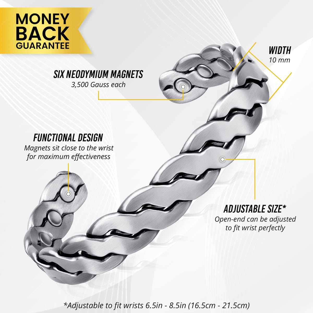 MagnetRX Rugged Twist Magnetic Therapy Bracelet Silver Bangle — MagnetRX branding close-up