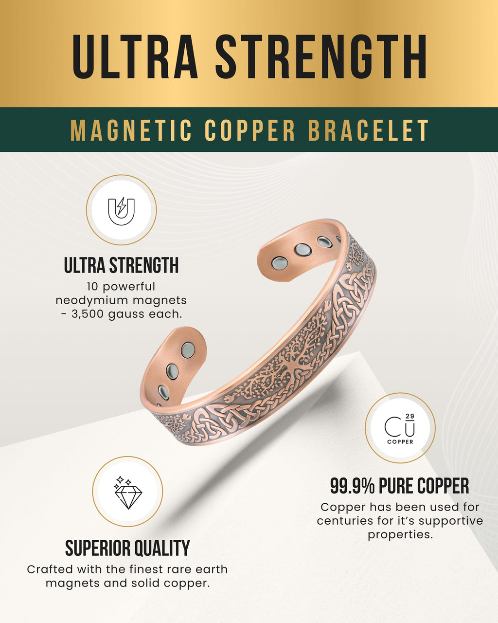 MagnetRX Stamped Irish Tree Magnetic Copper Bracelet Cuff for Men — MagnetRX branding close-up