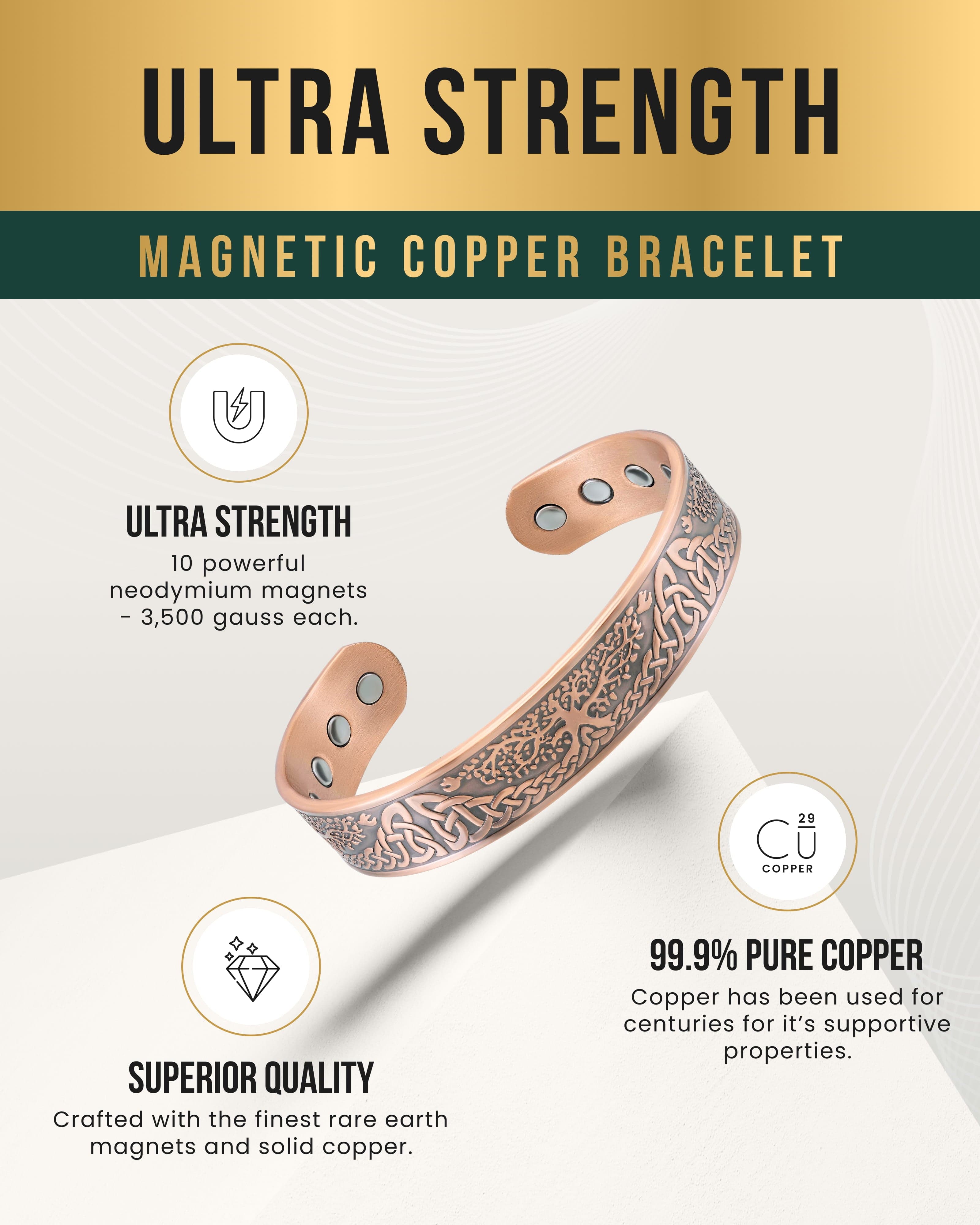 MagnetRX Stamped Irish Tree Magnetic Copper Bracelet Cuff for Men — MagnetRX branding close-up