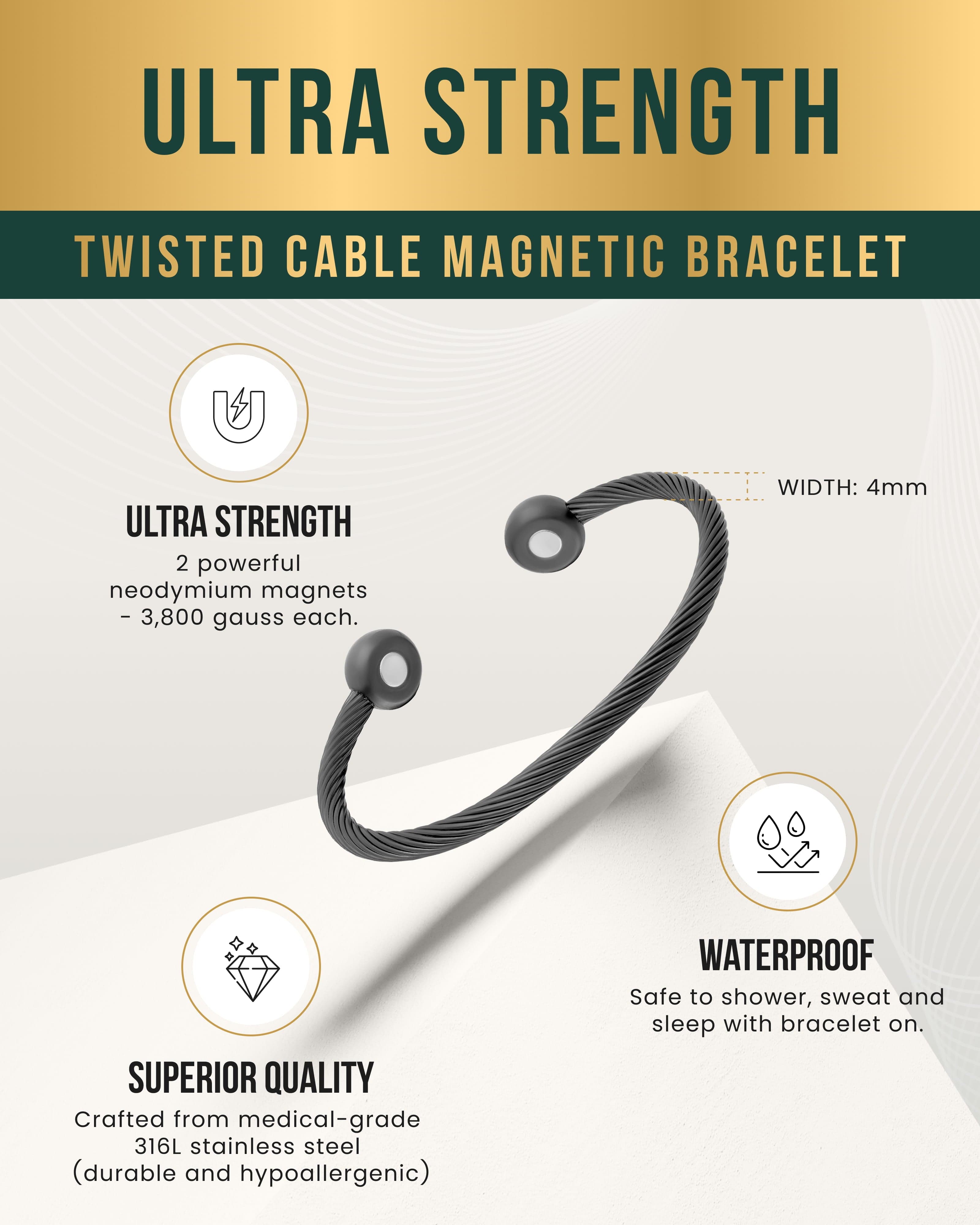 MagnetRX Twisted Cable Magnetic Bracelet Cuff (Gunmetal) — MagnetRX branding close-up