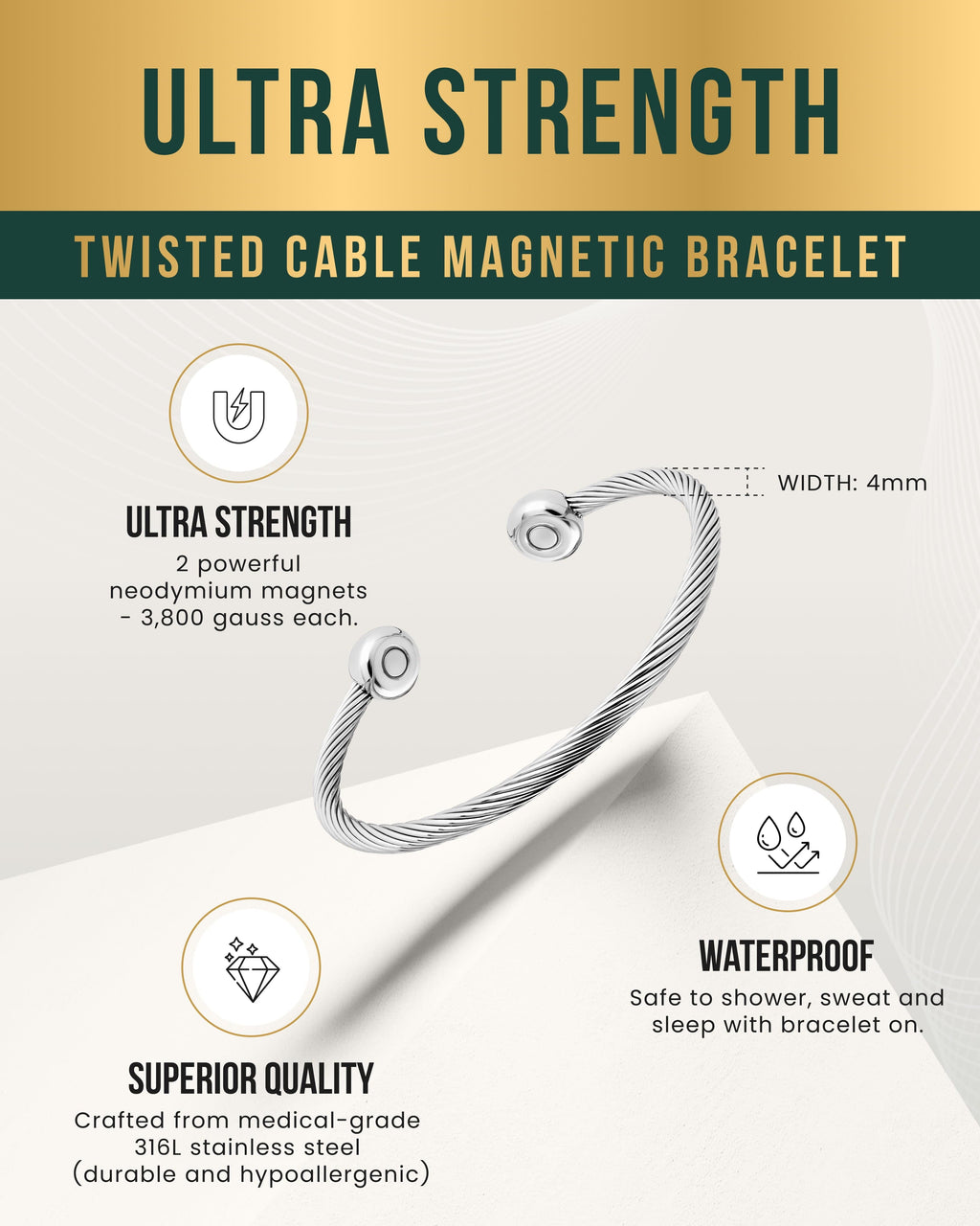 MagnetRX Twisted Cable Magnetic Bracelet Cuff (Silver) — MagnetRX branding close-up