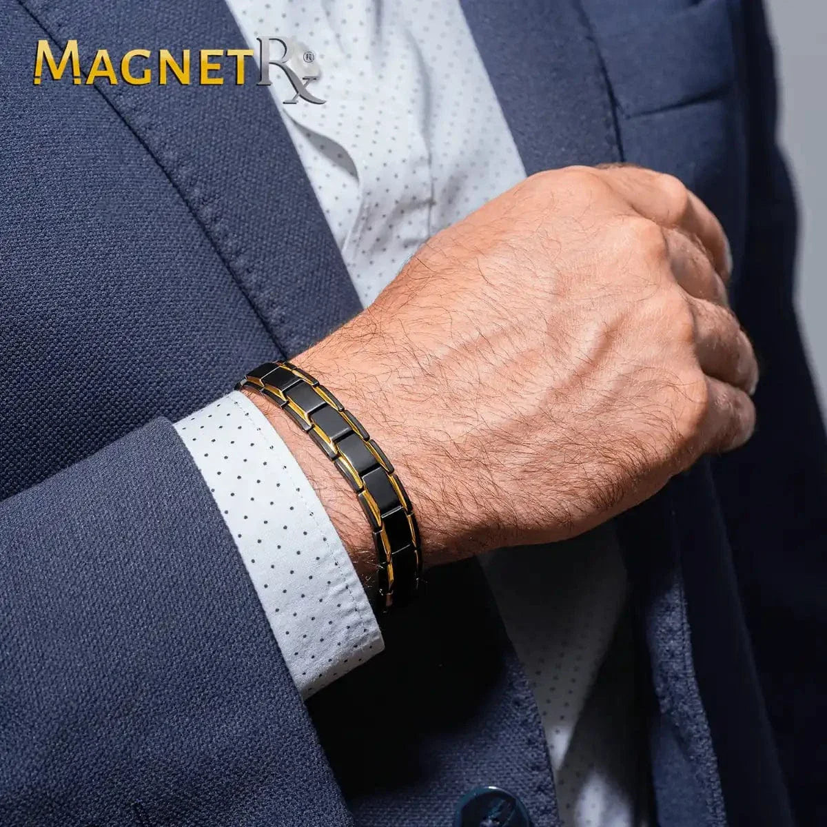 MagnetRX Ultra Strength Black & Gold Trim Magnetic Therapy Bracelet — in-use photo