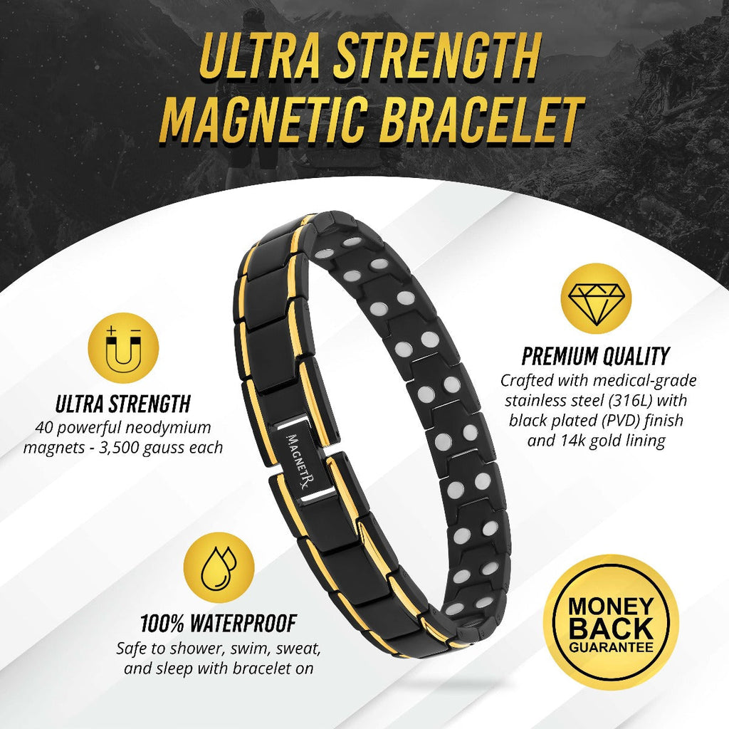 MagnetRX Ultra Strength Black & Gold Trim Magnetic Therapy Bracelet — lifestyle context
