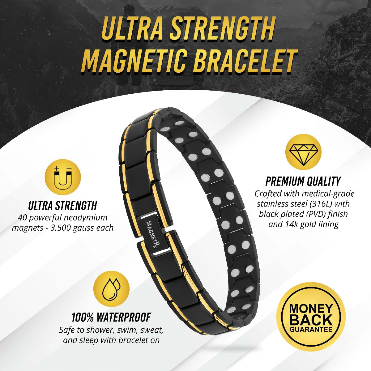 MagnetRX Ultra Strength Black & Gold Trim Magnetic Therapy Bracelet — lifestyle context