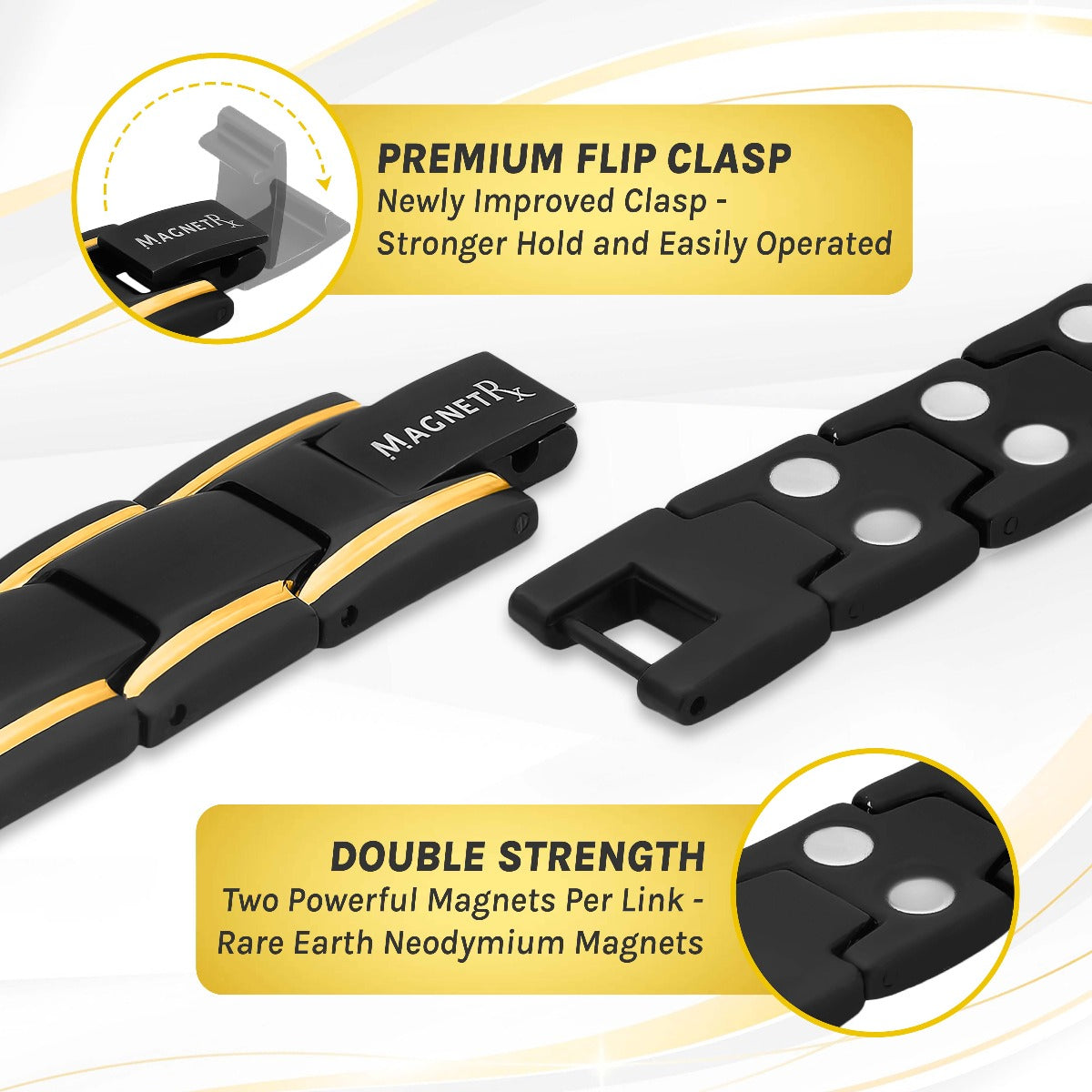 MagnetRX Ultra Strength Black & Gold Trim Magnetic Therapy Bracelet — side view