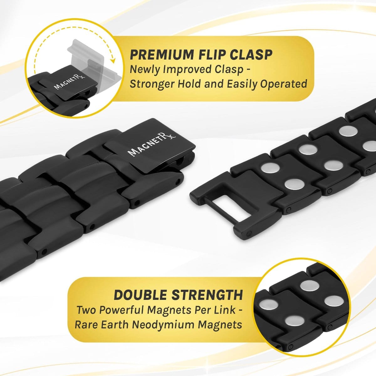 MagnetRX Ultra Strength Magnetic Therapy Bracelet Black Classic — MagnetRX branding close-up