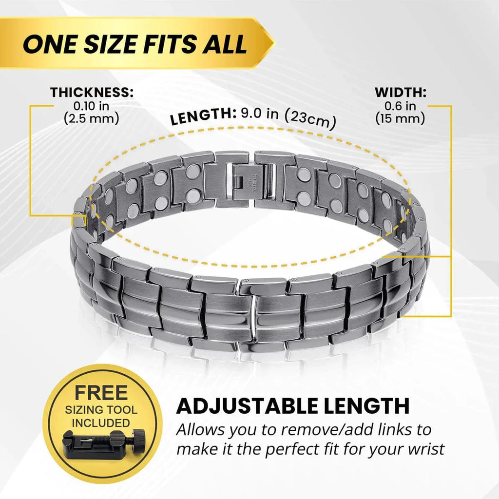 MagnetRX Ultra Strength Magnetic Therapy Bracelet Gunmetal Gray Classic — MagnetRX branding close-up
