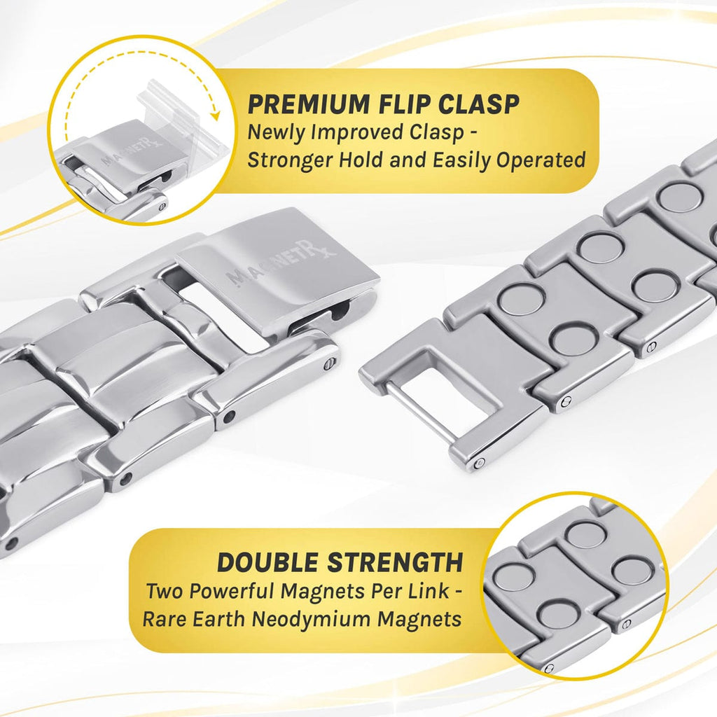 MagnetRX Ultra Strength Magnetic Therapy Bracelet Silver Classic — MagnetRX branding close-up