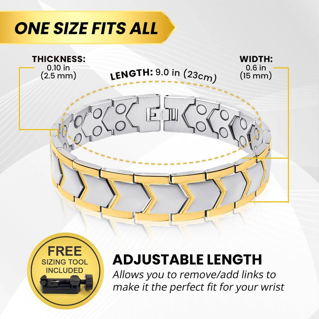 MagnetRX Ultra Strength Silver & Gold Arrow Chain Magnetic Therapy Bracelet — MagnetRX branding close-up