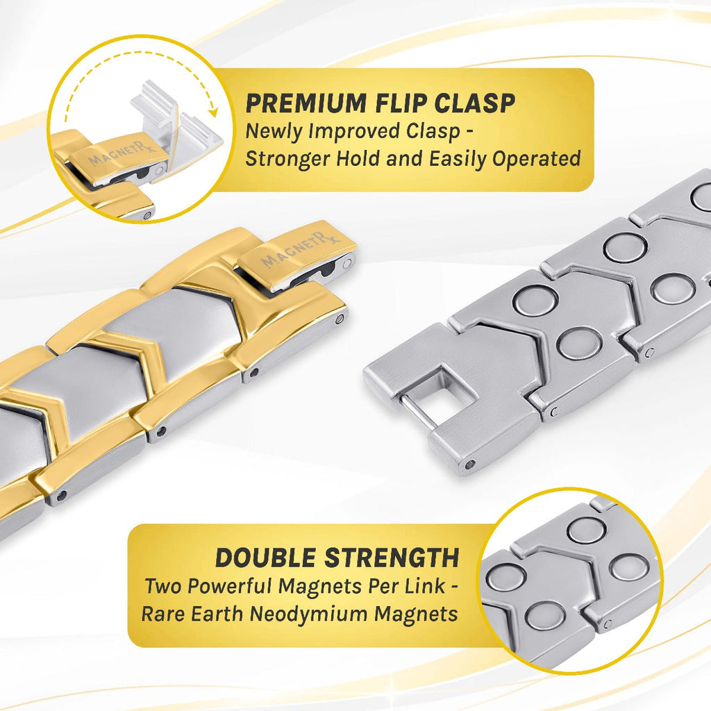 MagnetRX Ultra Strength Silver & Gold Arrow Chain Magnetic Therapy Bracelet — lifestyle worn / used context