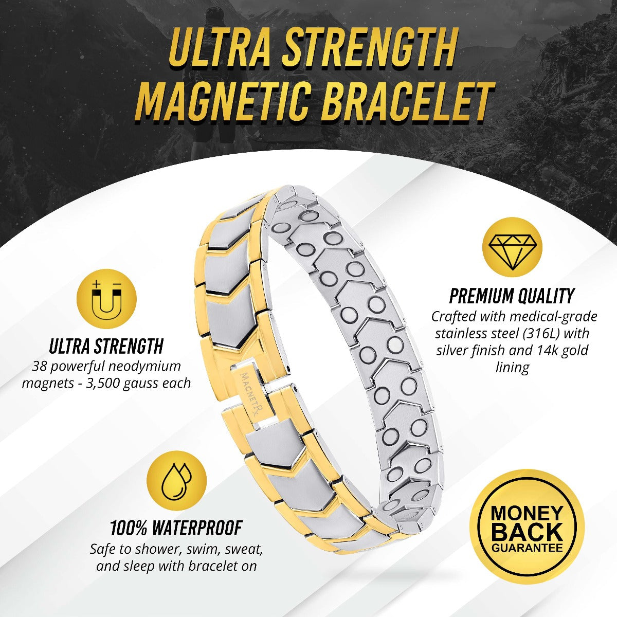 MagnetRX Ultra Strength Silver & Gold Arrow Chain Magnetic Therapy Bracelet — bracelet category context