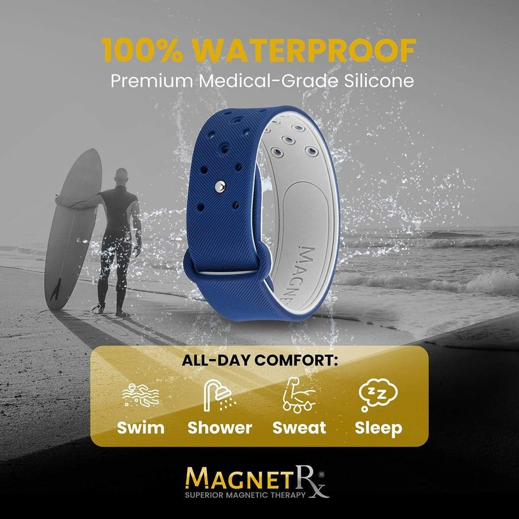 MagnetRX Ultra Strength Sports Magnetic Bracelet (Navy) — MagnetRX branding close-up