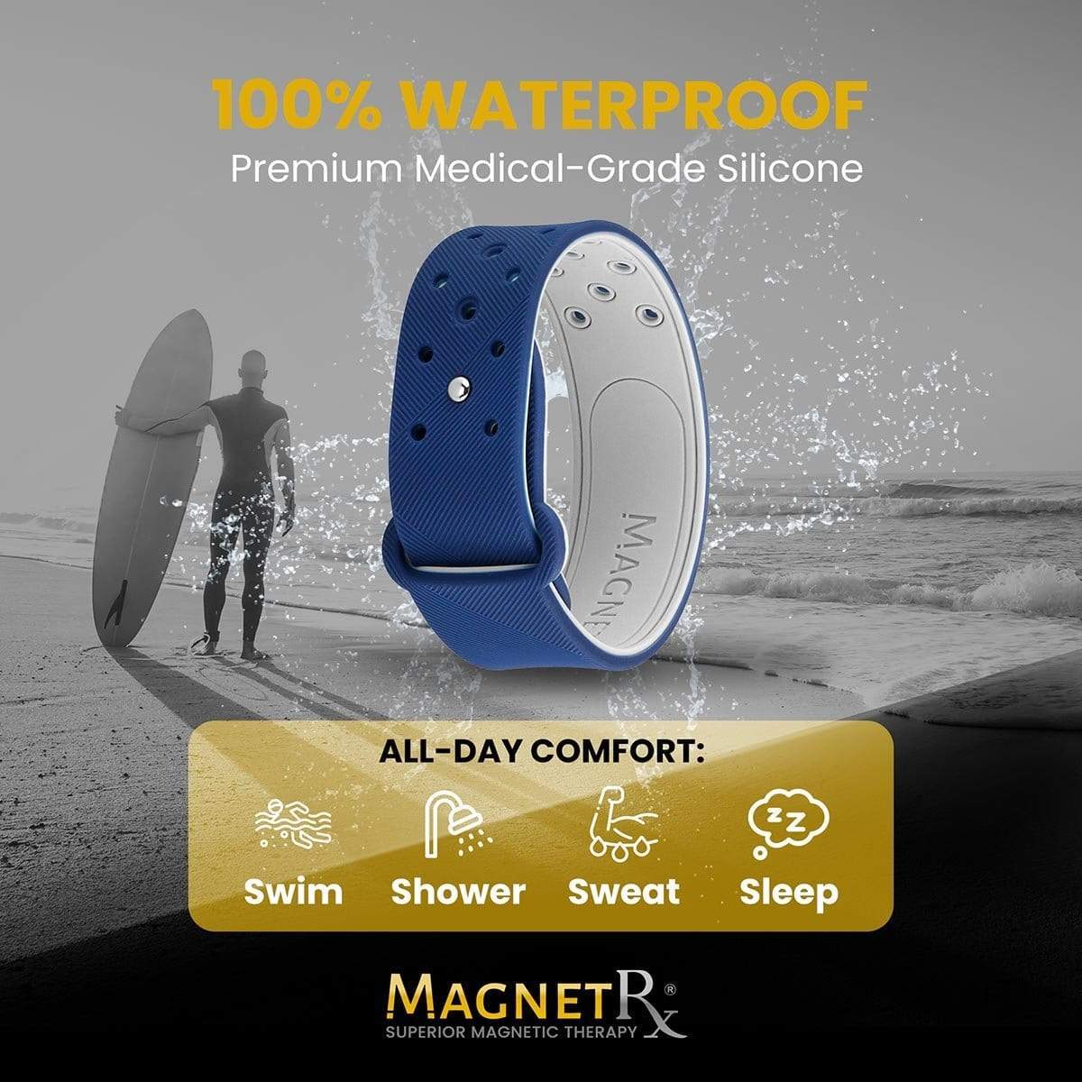 MagnetRX Ultra Strength Sports Magnetic Bracelet (Navy) — MagnetRX branding close-up