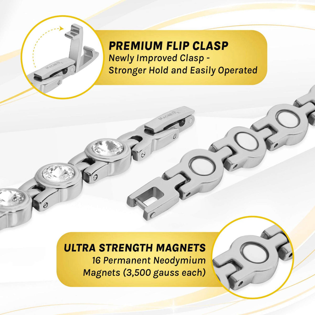 MagnetRX Women's Silver Crystal Magnetic Therapy Bracelet — MagnetRX branding close-up
