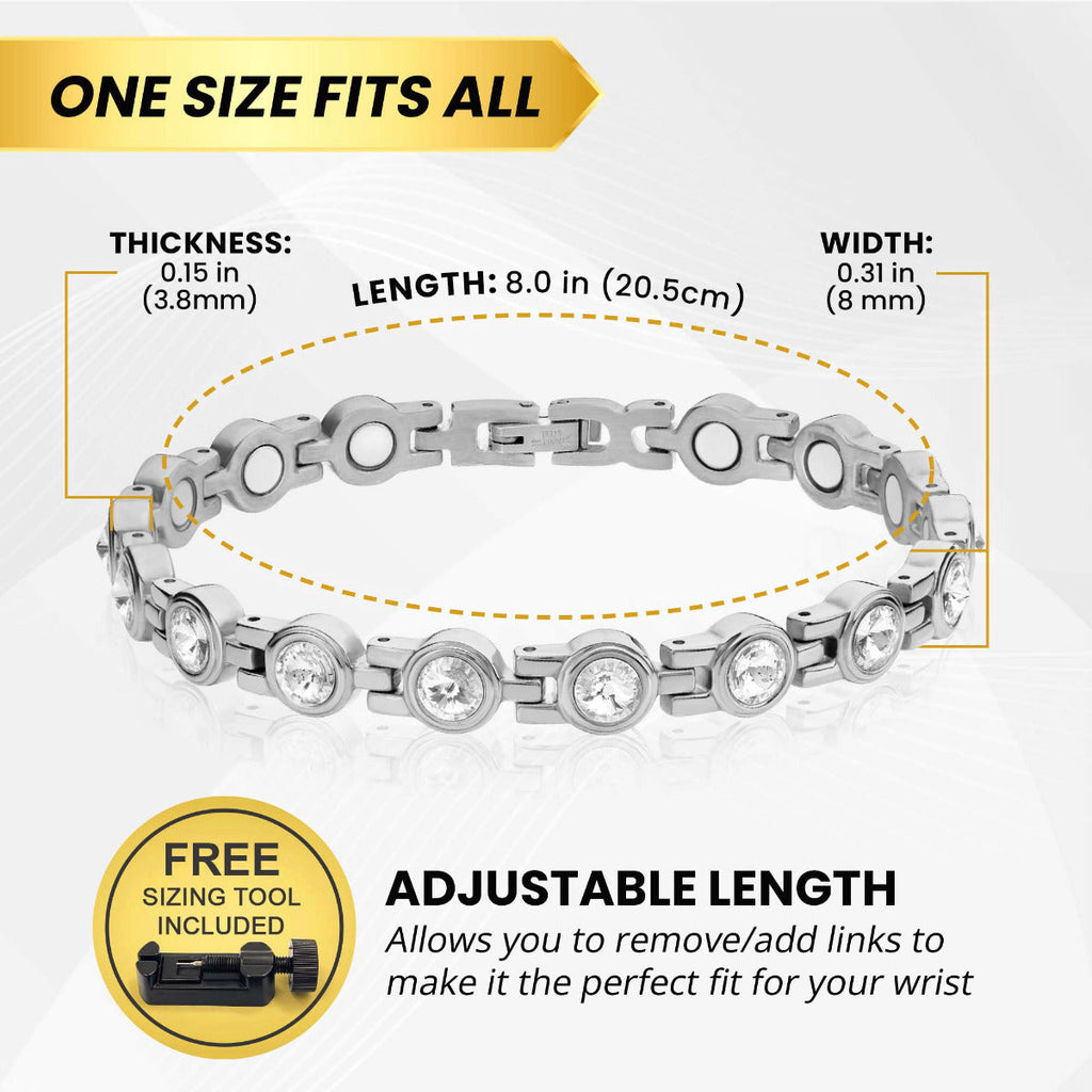 MagnetRX Women's Silver Crystal Magnetic Therapy Bracelet — lifestyle worn / used context