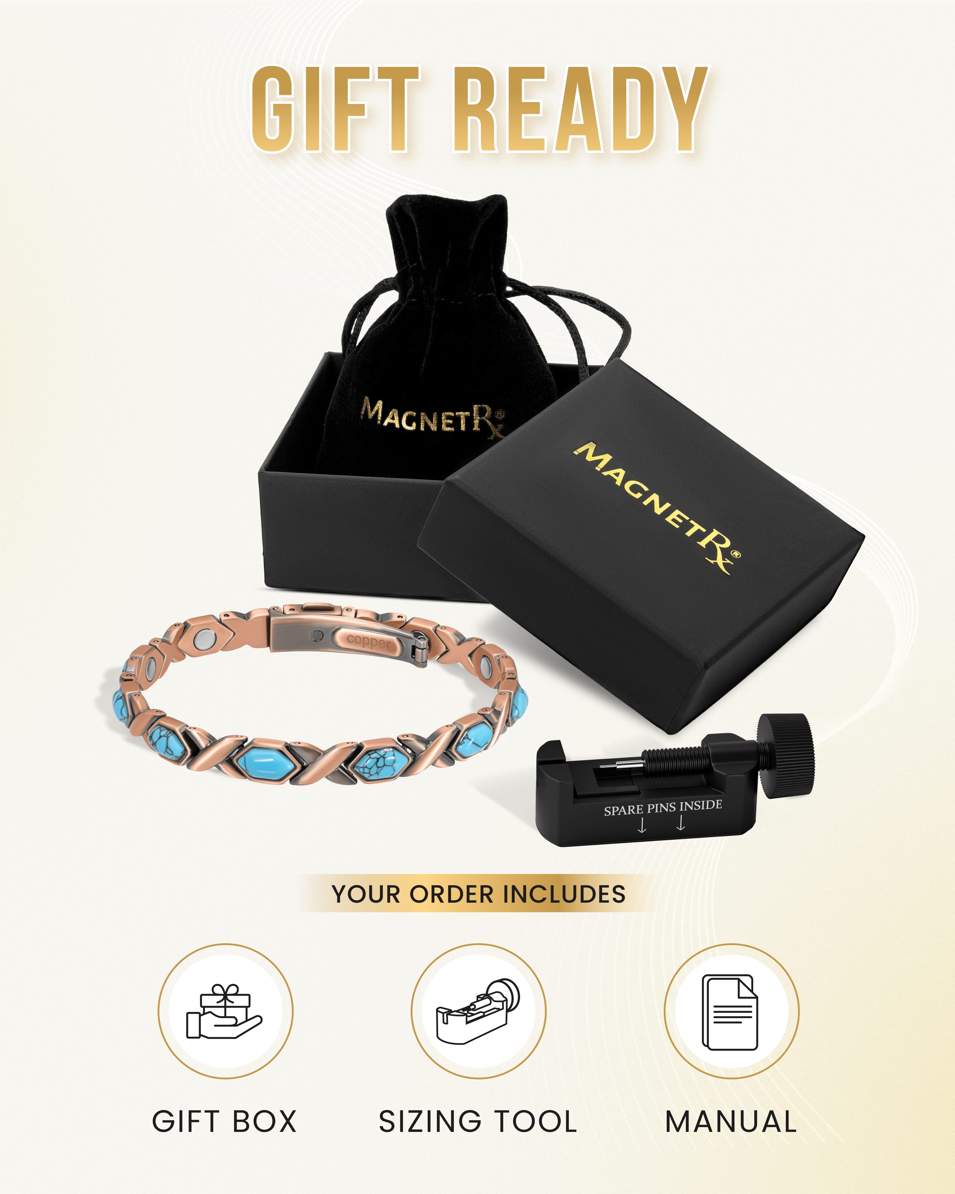 MagnetRX Women's Ultra Strength Pure Copper Magnetic Bracelet (Turquoise XO) — size reference