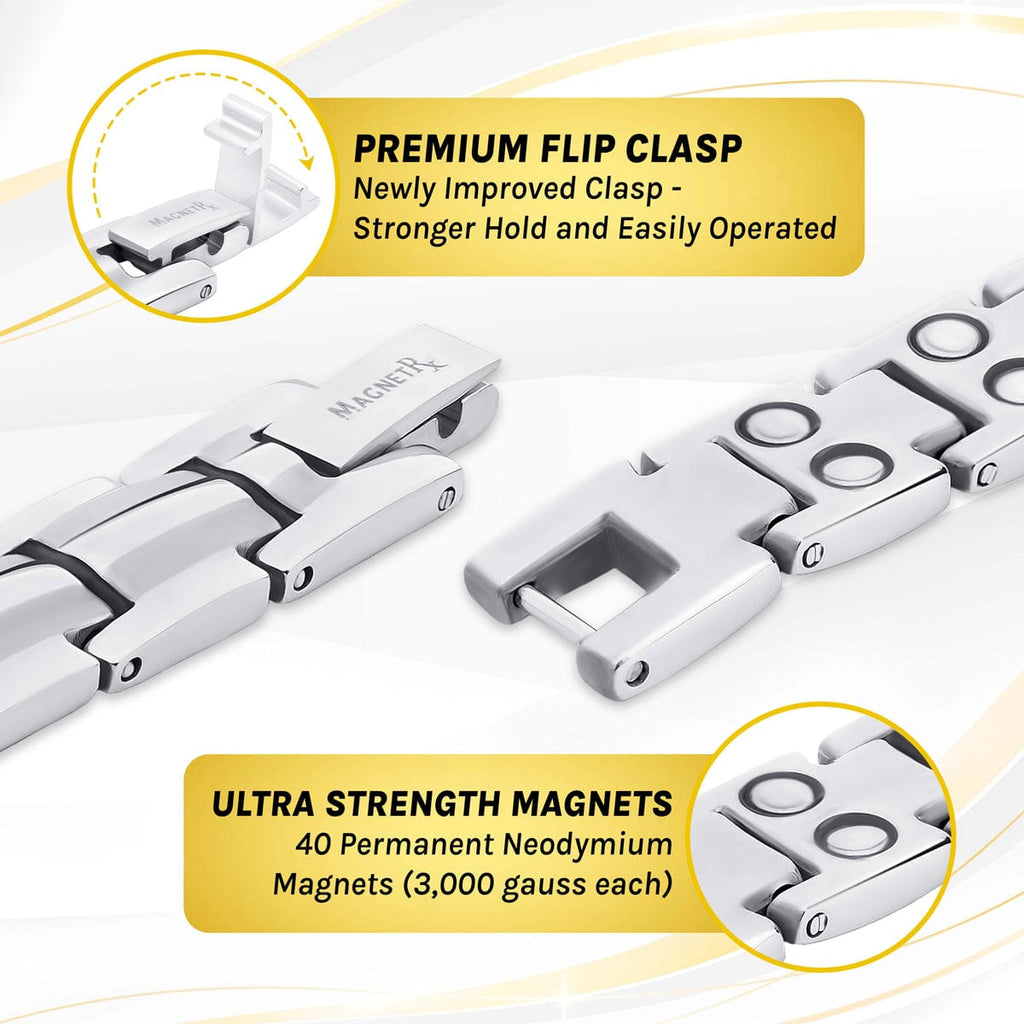 MagnetRX Women's Ultra Strength Silver Titanium Magnetic Therapy Bracelet — MagnetRX branding close-up
