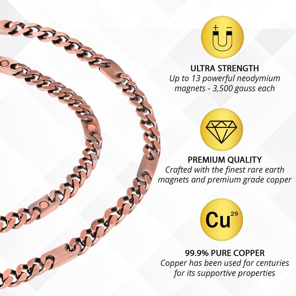 MagnetRX Copper Magnetic Therapy Necklace Curb Chain — MagnetRX branding close-up