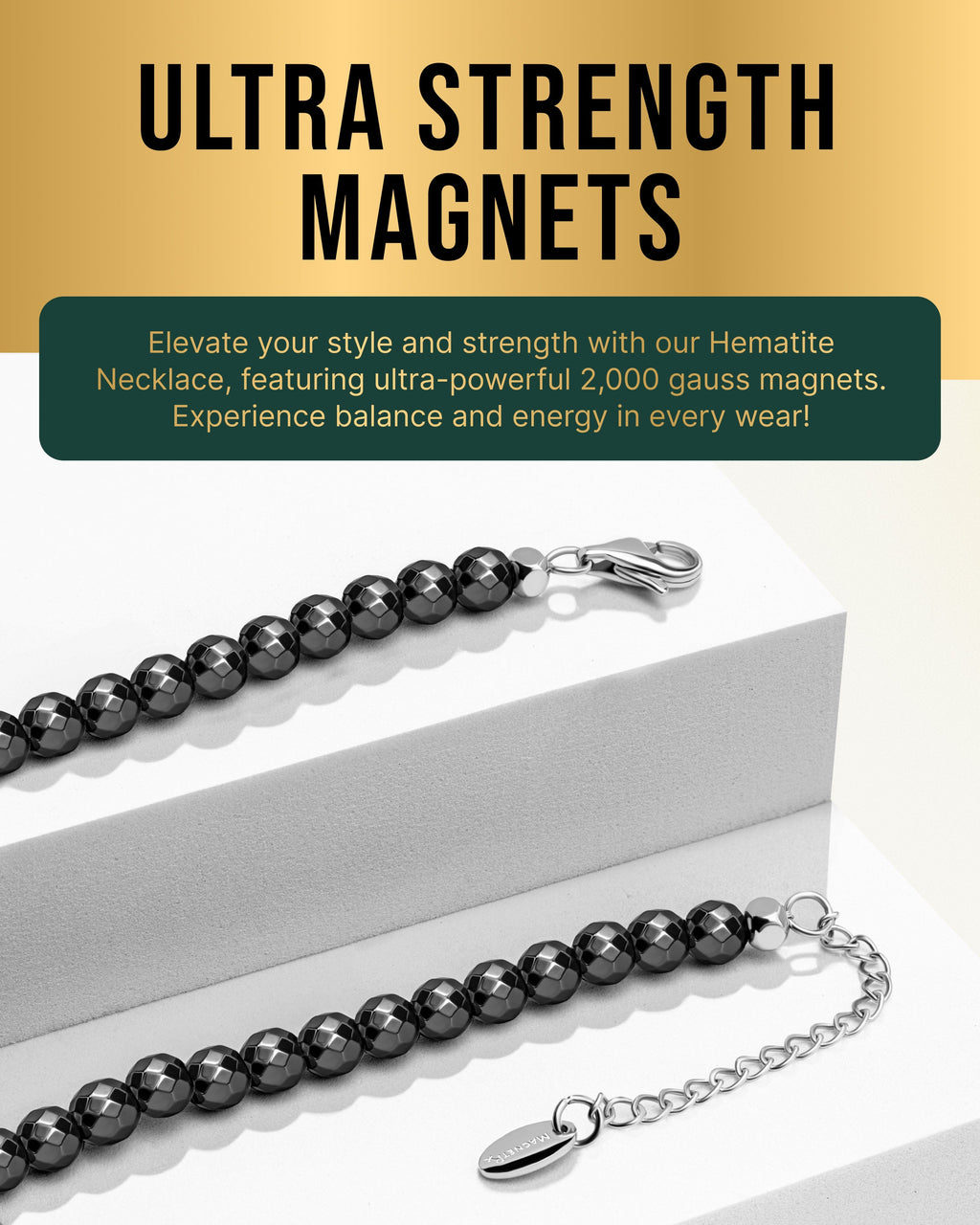 MagnetRX Magnetic Hematite Necklace (6mm Faceted Beads) — lifestyle worn / used context