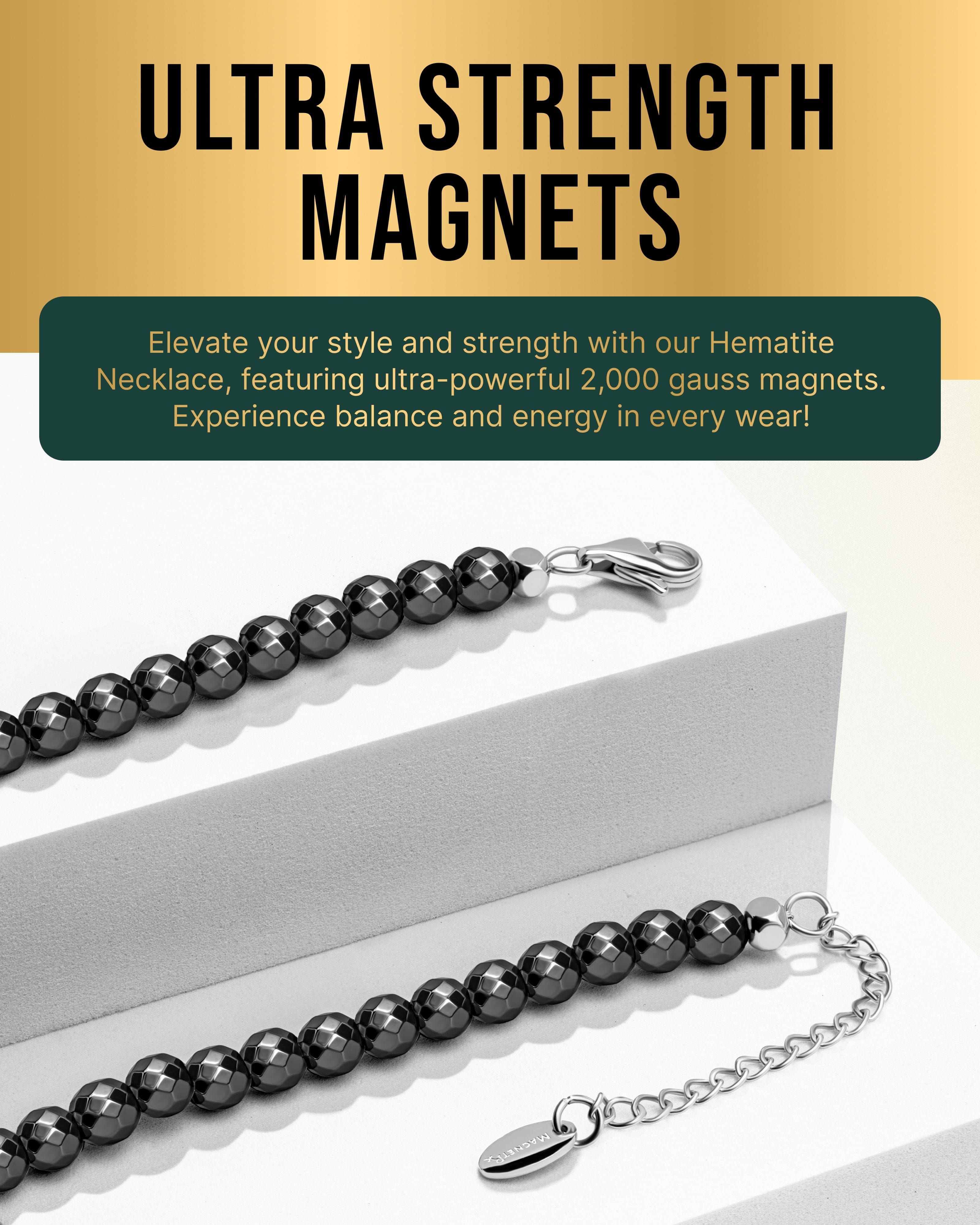 MagnetRX Magnetic Hematite Necklace (6mm Faceted Beads) — lifestyle worn / used context