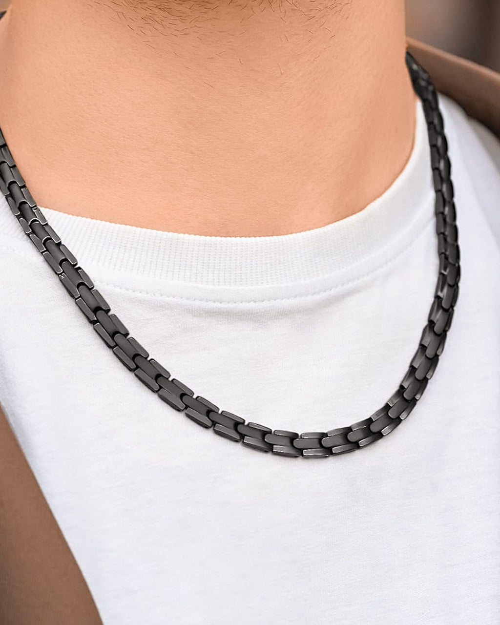 MagnetRX Powerful Black Titanium Magnetic Therapy Necklace — lifestyle worn / used context