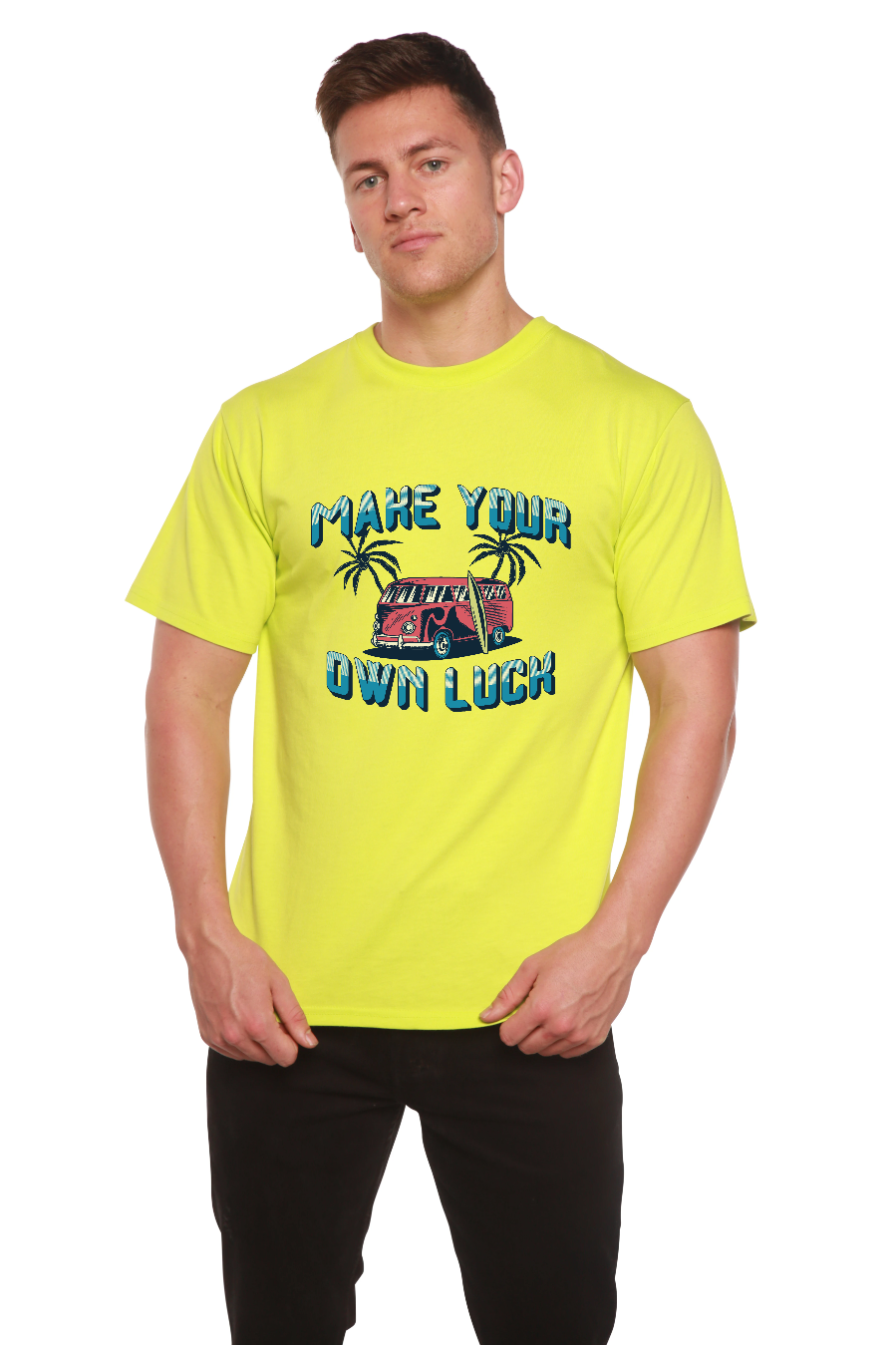 Spun Bamboo Make your own luck Men's Bamboo Viscose/Organic Cotton Short Sleeve Graphic T-Shirt — detail close-up