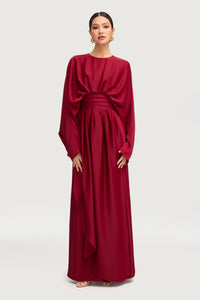 Maleeka Satin Drape Maxi Dress - Maroon Dresses Veiled 