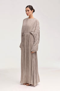Manal Satin Plisse Batwing Maxi Dress - Taupe Clothing Veiled 
