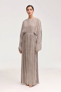 Manal Satin Plisse Batwing Maxi Dress - Taupe Clothing Veiled 