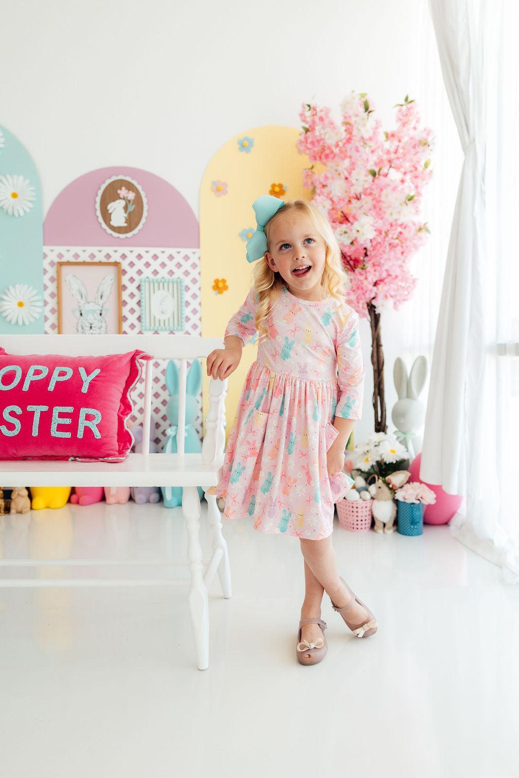 Mila & Rose Preppy Peeps 3/4 sleeve pocket twirl dress — Easter spring toddler outfit