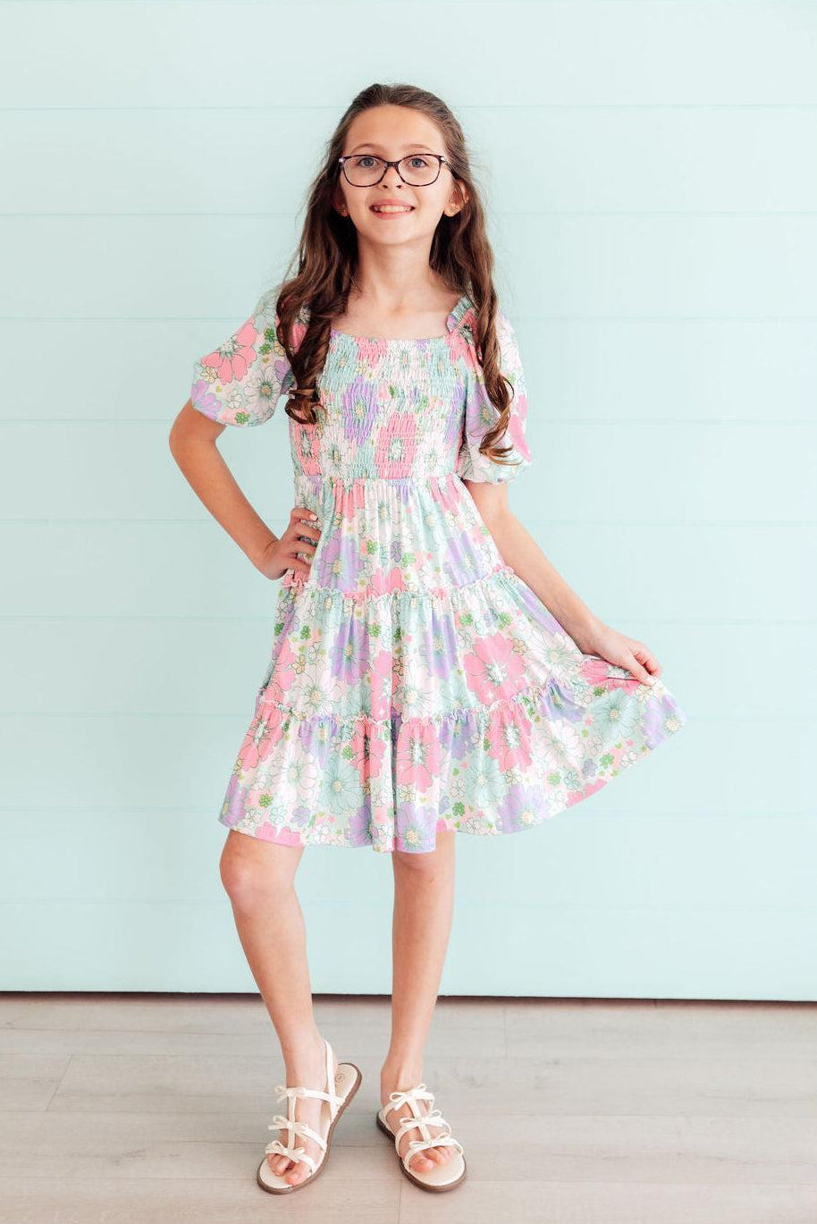 Mila & Rose ® Minty Meadow Smocked Ruffle Dress — detail close-up