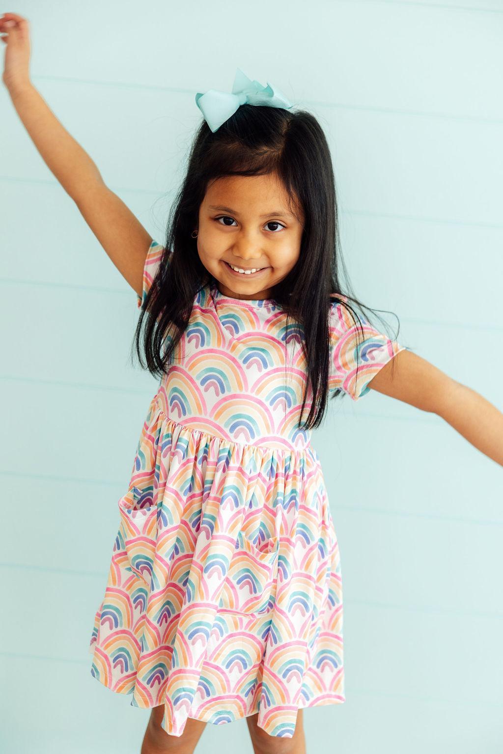 Mila & Rose ® Watercolor Rainbows S/S Pocket Twirl Dress — detail close-up