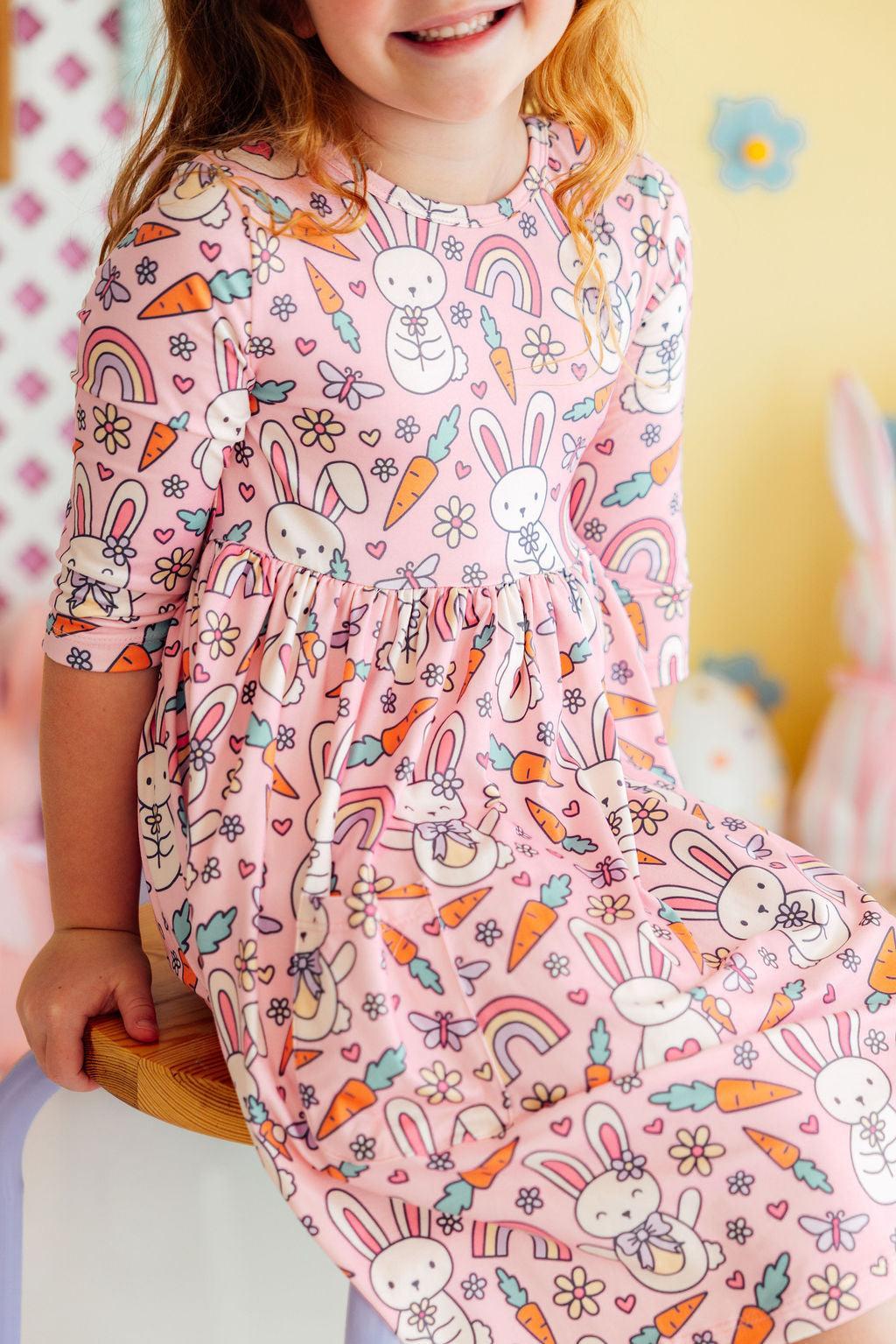 Mila & Rose ® Springtime Bunnies 3/4 Sleeve Pocket Twirl Dress — main product shot