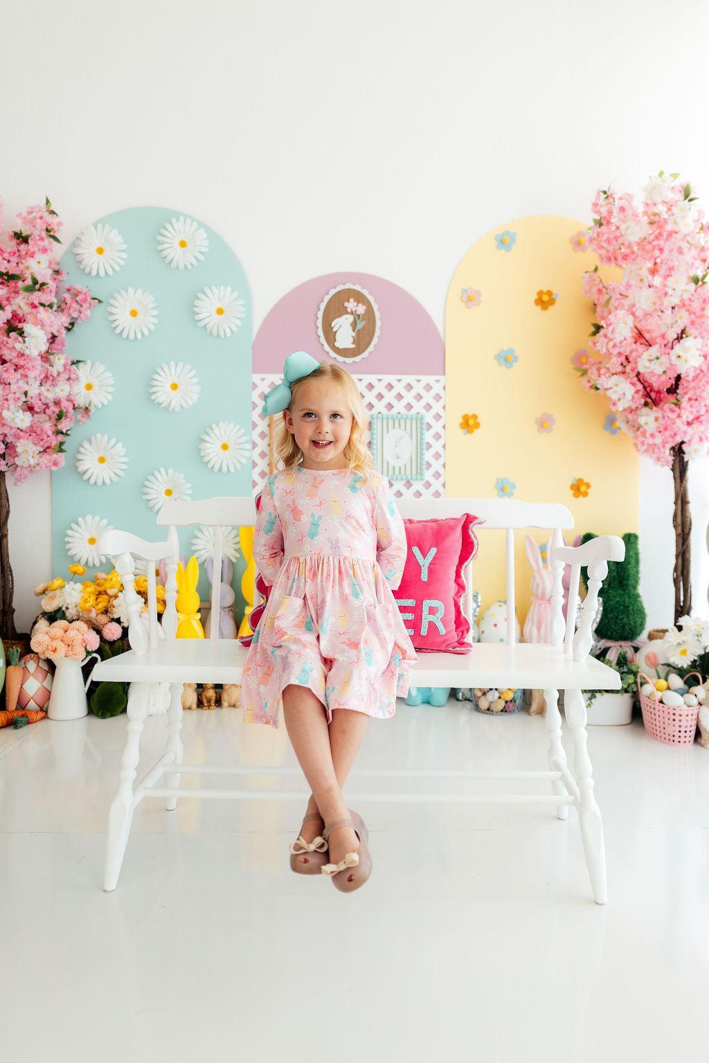 Mila & Rose Preppy Peeps 3/4 sleeve pocket twirl dress — Easter spring toddler outfit
