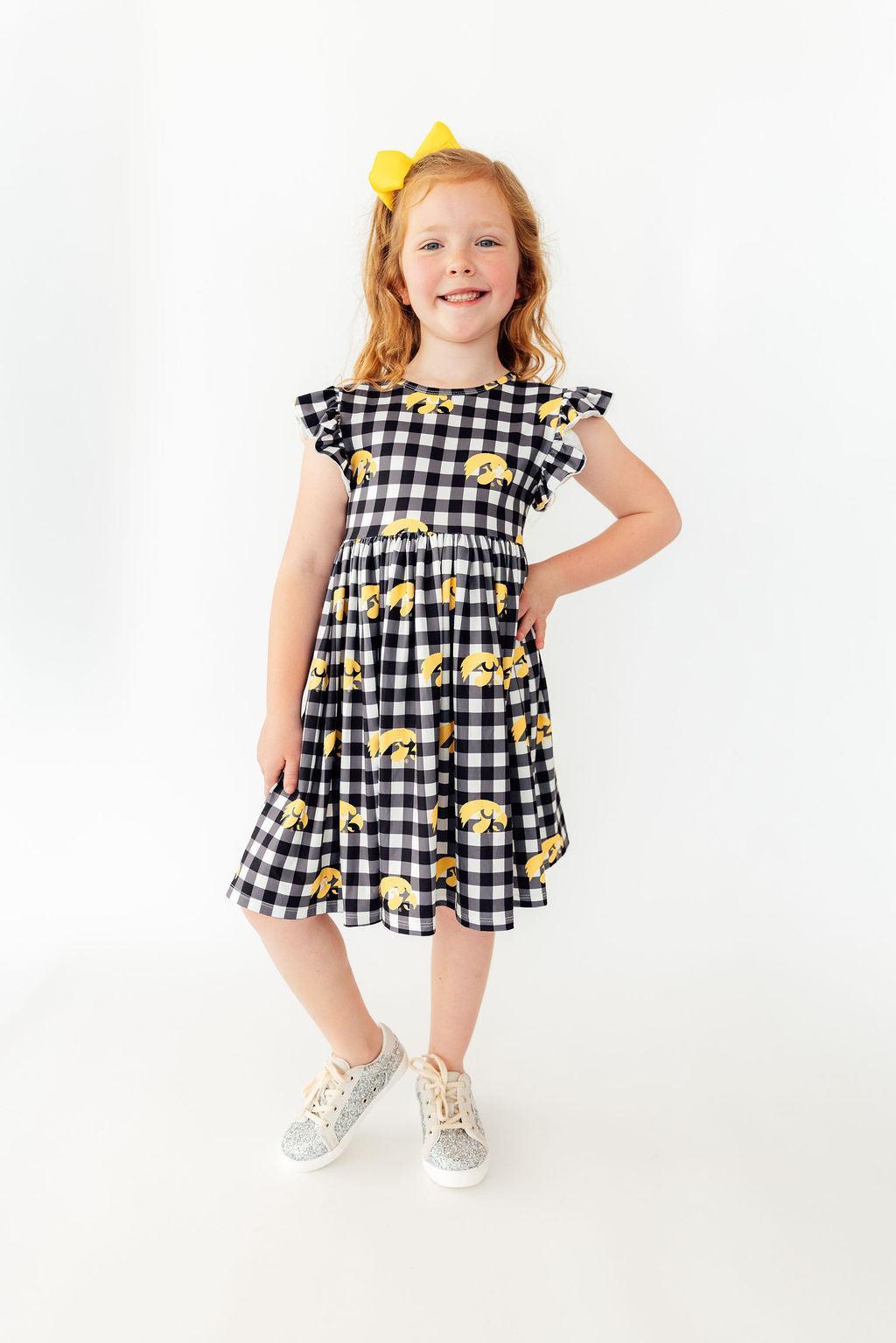 Mila & Rose Iowa plaid Tigerhawk flutter twirl dress — Hawkeyes game-day toddler outfit