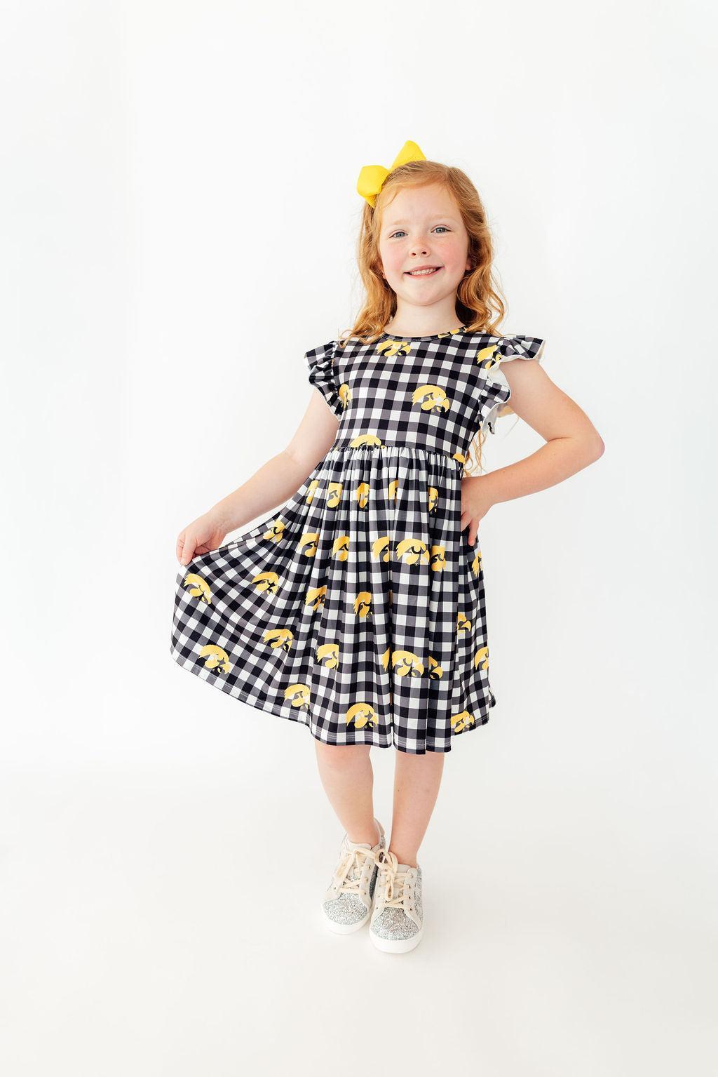 Mila & Rose Iowa plaid Tigerhawk flutter twirl dress — Hawkeyes game-day toddler outfit